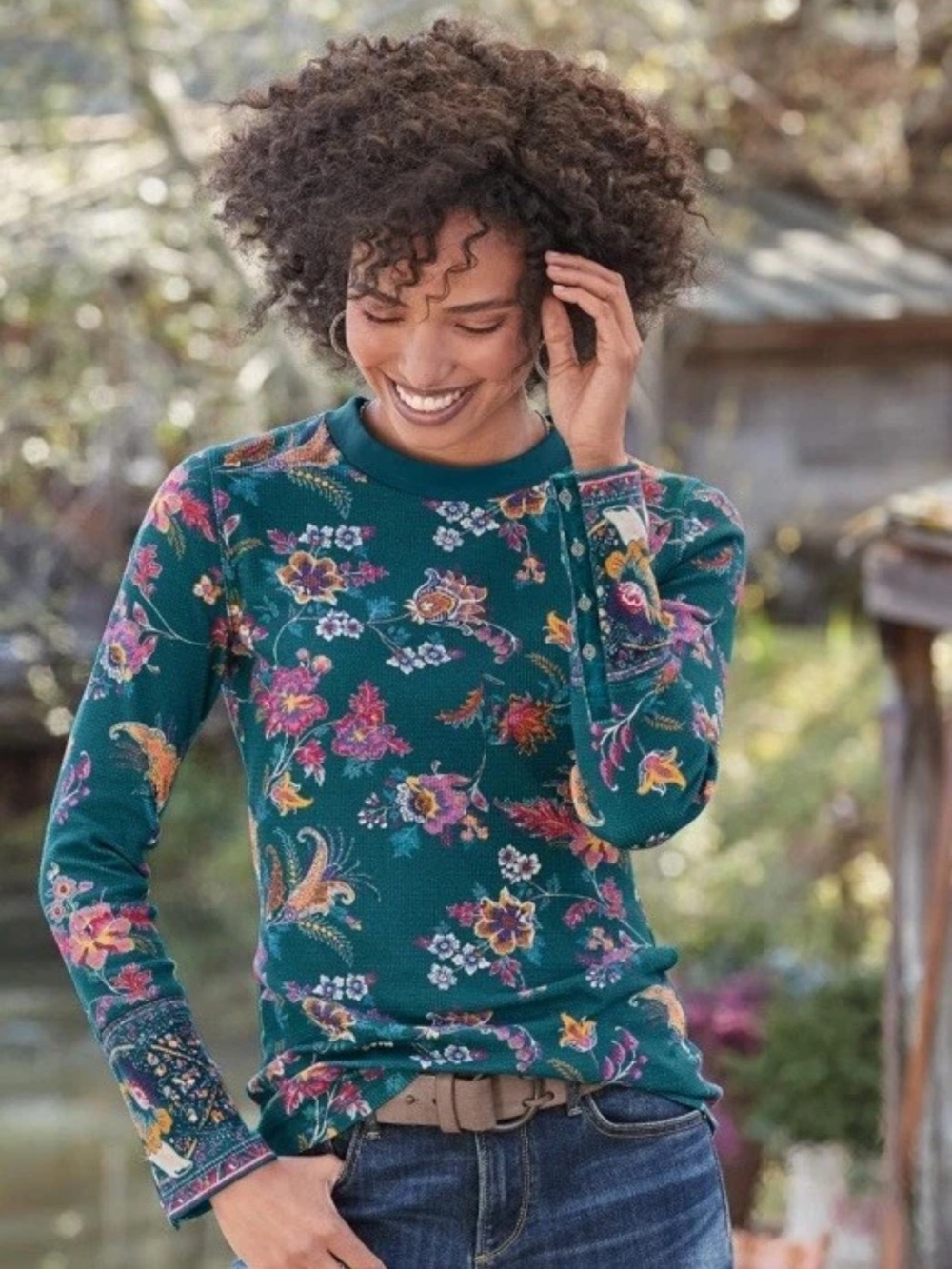 SUNDANCE Tapestry Thermal Long Sleeve Shirt Teal Blue Floral Velvet Trim Size S
